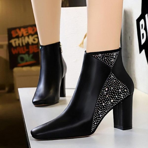 

boots women autumn winter booties 2021 ladies rhinestone decoration zipper female pumps black mature casual ankle