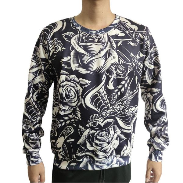 

men's hoodies & sweatshirts real american us size custom tattoo roses ink art sublimation print plus crew neck sweatshirt 10124, Black
