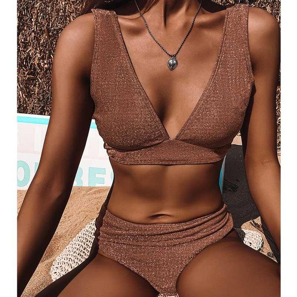 

women's swimwear female swimsuit high waist bikini 2021 women two-pieces set glitter sparkling bather deep v bathing suit swim, White;black