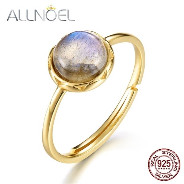 

allnoel 925 sterling silver ring for women 100% natural labradorite gemstone 1.3ct real gold engagement adjustable finger ring 220210, Slivery;golden