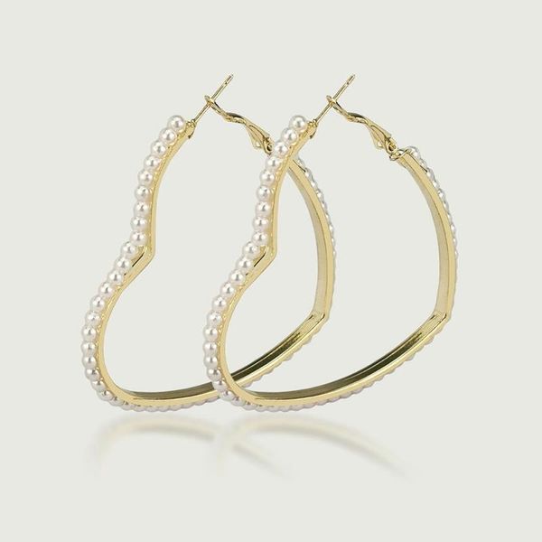 

hoop & huggie manilai imitation pearl heart earrings for women handmade beaded statement big brincos female jewelry, Golden;silver