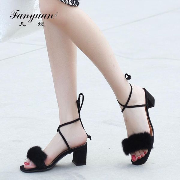 

fanyuan fashion women's high heels shoes flock chunky heel summer footwear ladies lace-up heeled sandals party wear, Black