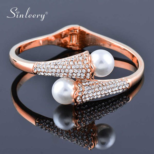 

sinleery luxury big pearl crystal cuff open bangle rose gold silver color wedding bracelets women fashion jewelry sl470 ssk q0719, Black