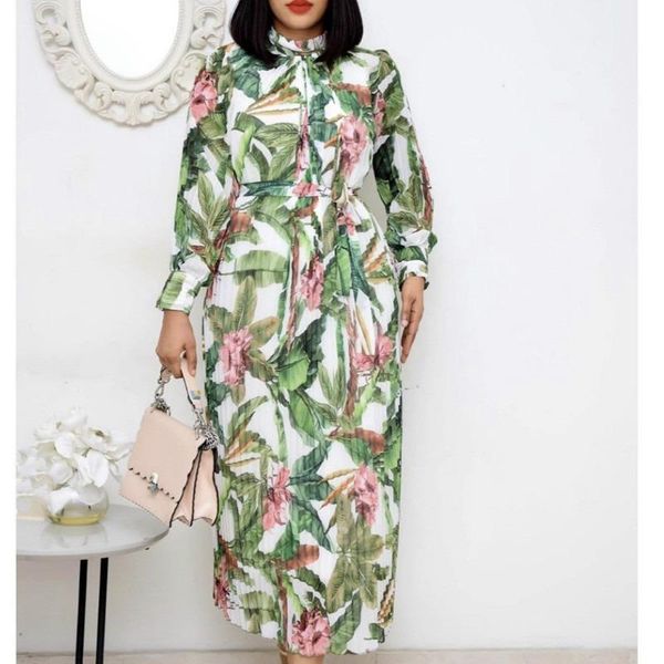 

casual dresses women printed floral long sleeves pleated half high collar with waist belt elegant office ladies work wear classy robes, Black;gray