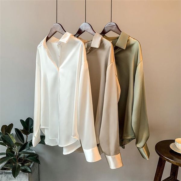Camisa de Sleeved Longa Camisa Feminina Primavera e Outono Moda Loose Drape Tops Tops Color Sólido OL Blusa P382 210527