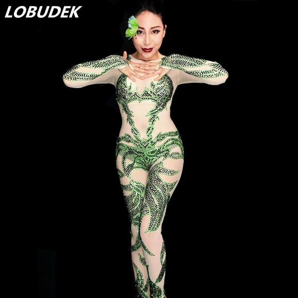 

women's jumpsuits & rompers green rhinestones bar party celebration show costumes dj female singer stage performance clothes leotard se, Black;white