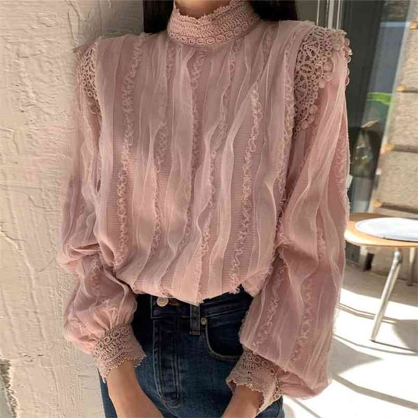 

spring autumn temperament fashion women's stand-up collar three-dimensional lace stitching lantern sleeve shirt uk922 210506, White