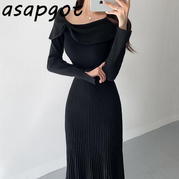 

elegant temperament chic korean bow slim waist long sleeve knitted dress black pleated fashion office lady vestidos 210429, Black;gray