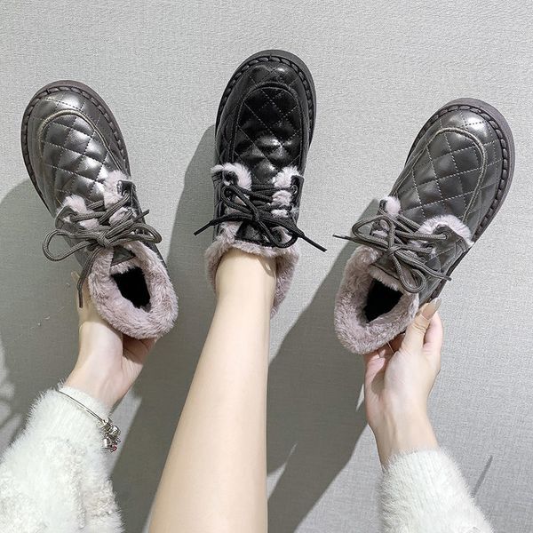 

fhanchu 2022 winter fur shoes womanankle naked bootsplush botaswaterproofthick bottomround toeblackgun colordropshipping, Black