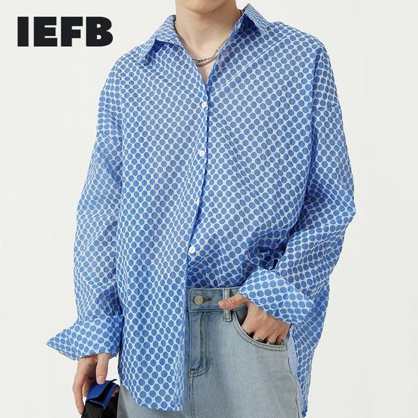 

men's casual shirts iefb clothing autumn korean trend simple shirt blue green white dot pattern see through sunscreen laepl, White;black