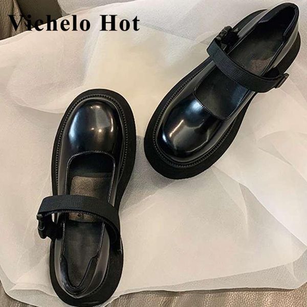 

dress shoes vichelo genuine leather round toe high heels thick bottom brand buckle strap british school fashion women pumps l08, Black
