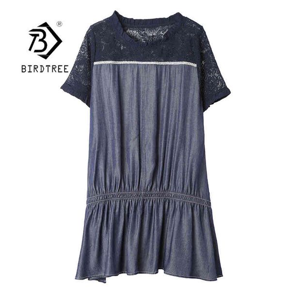 

vintage plus size a-line lace denim patchwork women spring summer short sleeve jeans ladies loose midi shirt dress d12801x 210416, Black;gray
