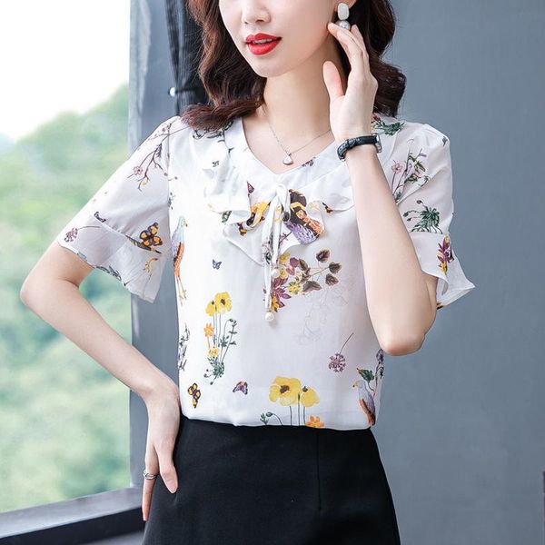 

women's blouses & shirts ruffles chiffon shirt blouse summer 2021 fashion floral loose bottoming plus size short sleeve blusas, White