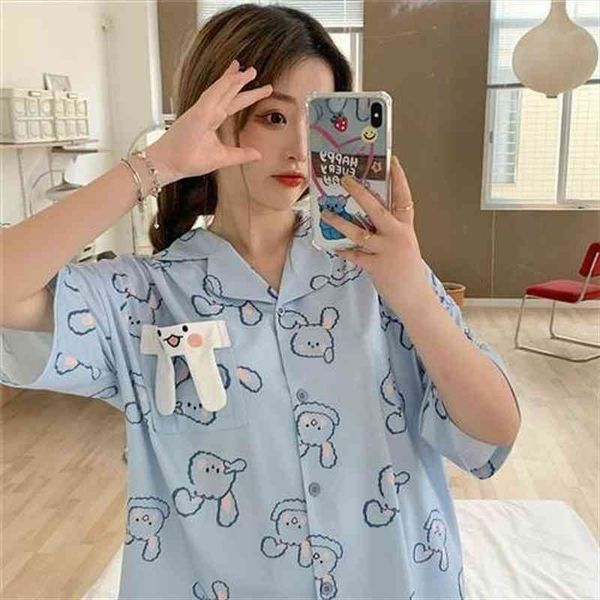

women pajamas japanese two piece set summer girls kawaii print lapel home suit korean sweet pijamas loose soft pyjamas, Black;red