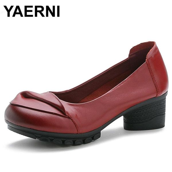 

dress shoes yaerni 2021 retro style handmade genuine leather women thick with heels flowers pumps round toe high, Black