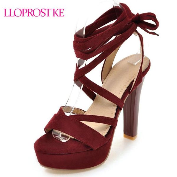 

lloprost ke suede women sandals thick high heels platform shoes woman open toe ladies cross-tied black red summer my766