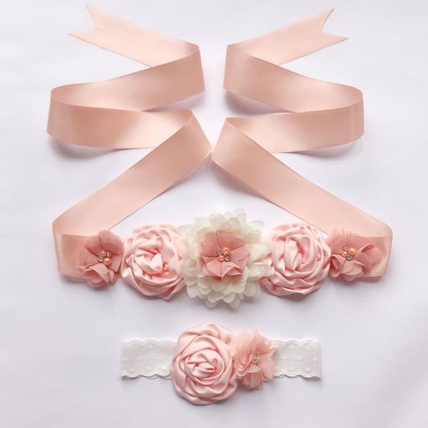 

wedding sashes 2021 1 set belt with flower headband bridesmaid maternity beauty kids dress satin silk sash, White