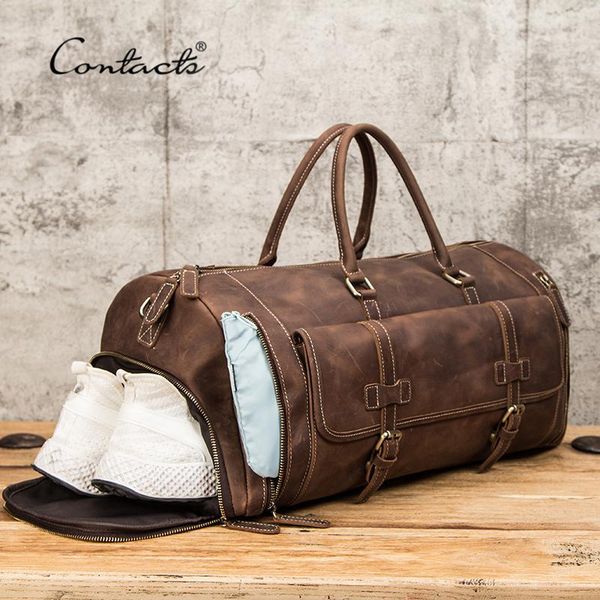 

duffel bags contact's travel men handbags crazy horse leather duffle luggage bag large capacity vintage suitcase tote male shouder