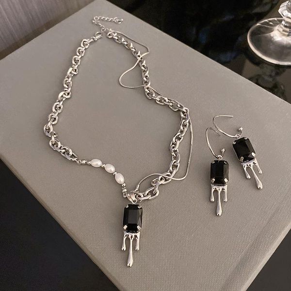

earrings & necklace u-magical gothic black square geometric crystal pendant for women asymmetry imitation pearl melt metal jewelry, Silver