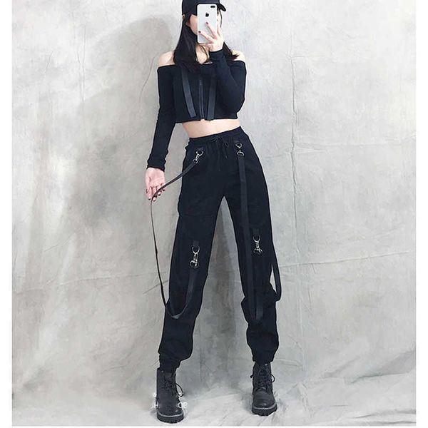 

personalized ribbon black cargo pant spring streetwear loose sport harem high waist chain sweatpants 210531, Black;white