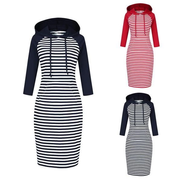 

casual dresses fashion autumn winter women striped pocket knee length slim drawstring hooded pullover hoodie sport dress vestidos#g3, Black;gray