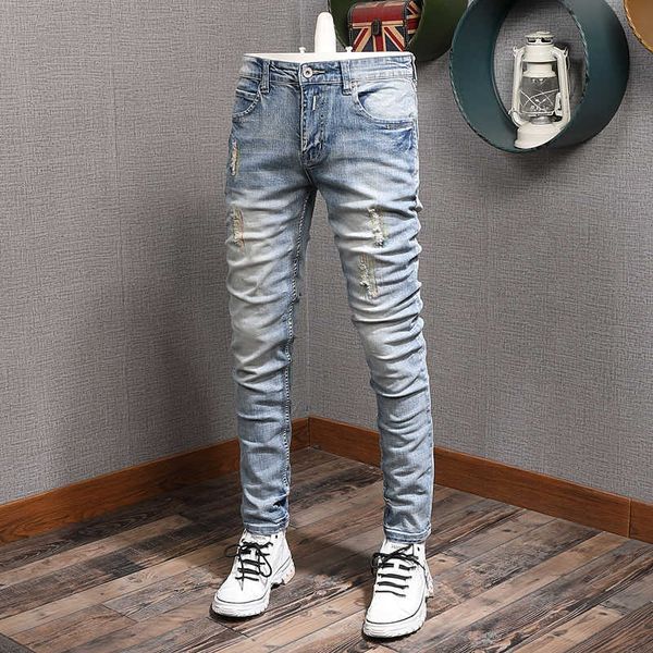 

korean style fashion men jeans light blue embroidery patches ripped denim trousers streetwear elastic cotton slim designer pants