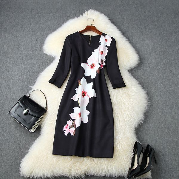 

european and american women's clothing autumn style v-neck with seven-point sleeves floral print fashion dresses 0yri, Black;gray