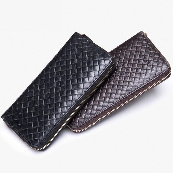 Carteiras Menções de tricô masculino de couro genuíno longa carteira de alta qualidade Weaven Pattern Natural Bolsa para Man Designer 2022 Wallets