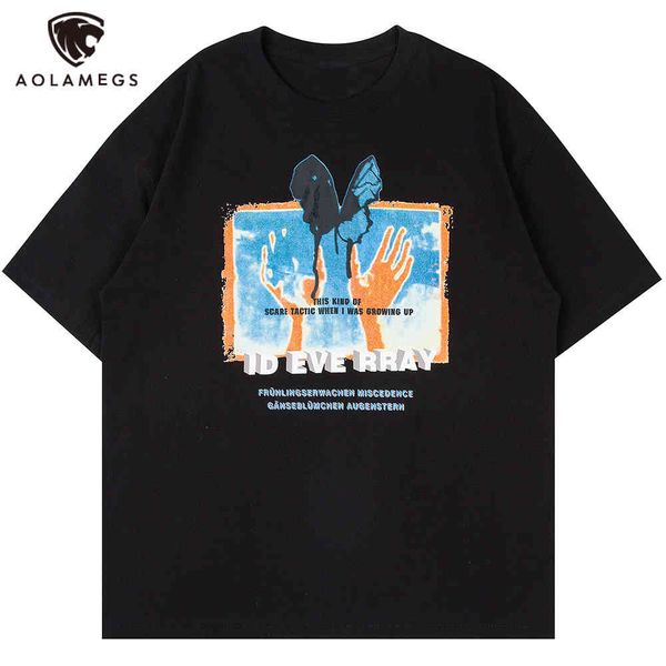 

men's polos aolamegs men's shirt butterfly hand print harajuku streetwear summer retro high street t couple baggy clothes, White;black