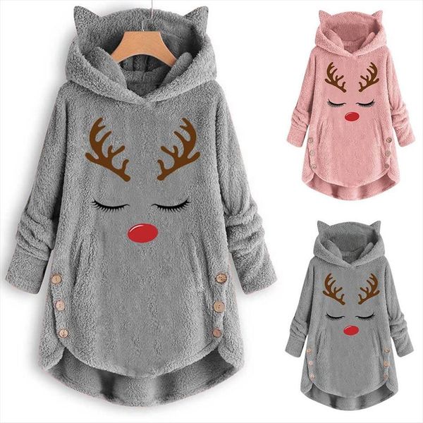 

women printed cat ears hooded womens sweaters large size long sleeve button sweater warm pullover christmas casual fashion, White;black