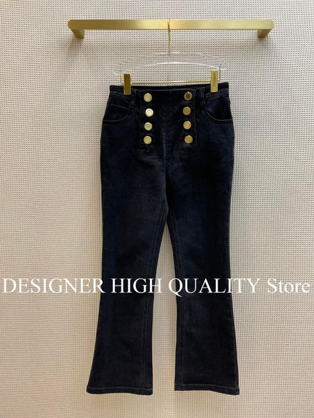 

women's jeans luxury fashion designer black women autumn all-match double breasted high waist slim fit flare streetwear pants, Blue