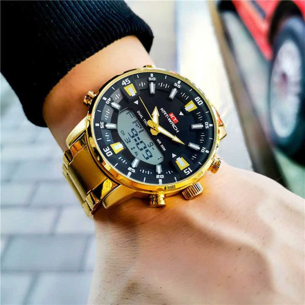 

gold wrist watch men brand waterproof sports digital es led steel military quartz for wristwatch relogio 210728, Slivery;brown