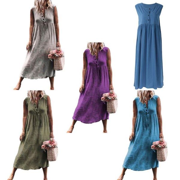 

womens summer plus size sleeveless loose maxi long shirt dress solid color button v-neck pleated high waist beach sundress bx0a casual dress, Black;gray