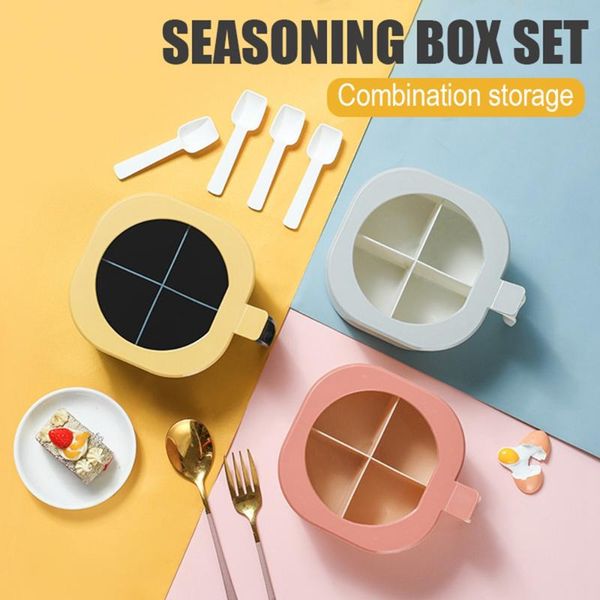 

storage bottles & jars spice box container plastic 4 grids condiment holder case with lid and spoons for seasoning kitchen tool accessories