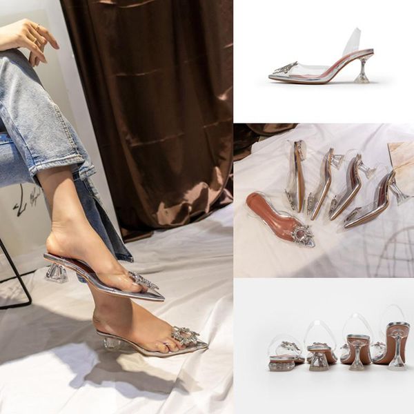 

net red fairy wind with low-heeled high-heeled sandals female xia 2021 baotou rhinestone pointed hollow transparent shoes, Black