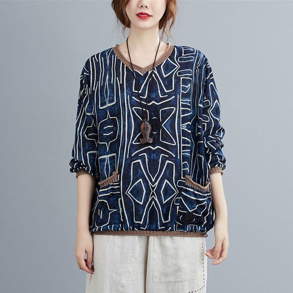 

women cotton linen casual t-shirts new arrival spring vintage style v-neck print loose female long sleeve tees s3195 210412, White