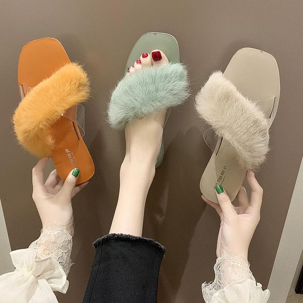 

furry fur flat slides woman outdoor korean transparent babouche 2021 summer sandals shoes slippers women beach flip flops, Black