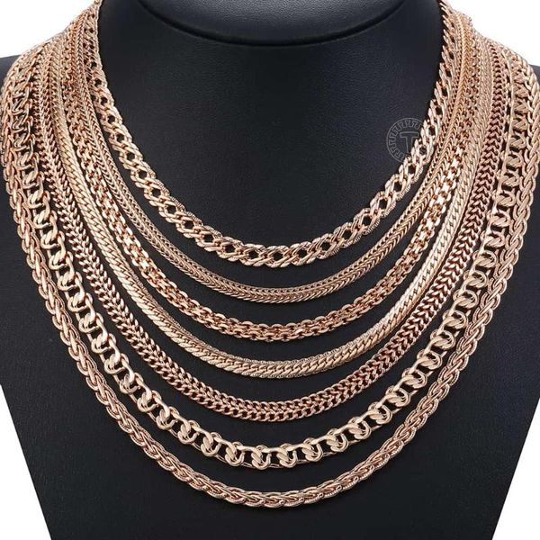 

chains 585 rose gold women men's necklace foxtail curb weaving rope snail link herringbone beaded pearl chain 50/60cm fashion jewelry, Silver