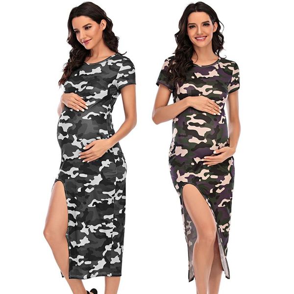 

maternity dresses summer pregnant women round-neck short-sleeved camouflage dress for pregnancy clothing robe femme, White