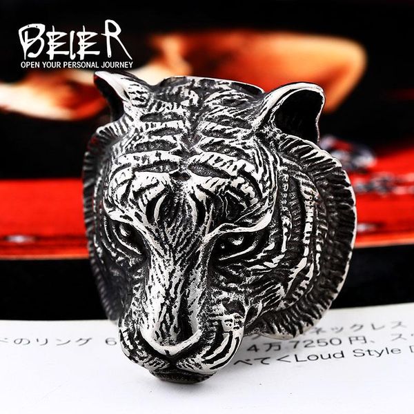 

cluster rings beier store 316l stainless steel ring domineering tiger head animal for man biker jewelry llbr8-161r, Golden;silver