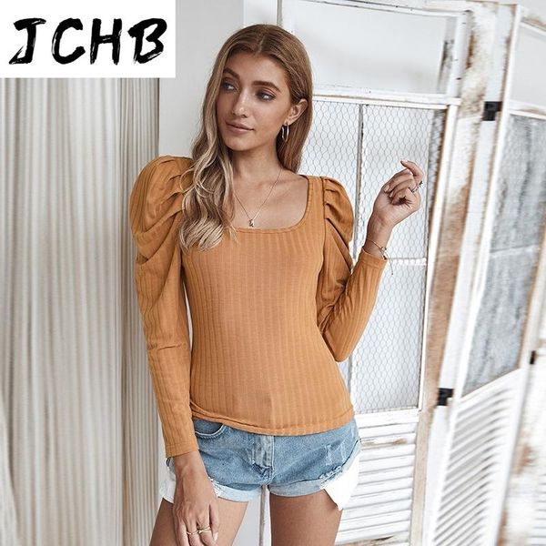 

women's t-shirt long women puff sleeve casual square collar solid fashion autumn rib knitted thin ladies slim pullover tshirts, White