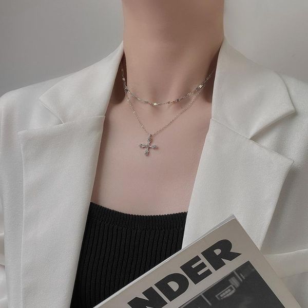 

pendant necklaces vsnow hiphop minimalist double-layer cross necklace for women girls trendy silver color chain metallic jewelry