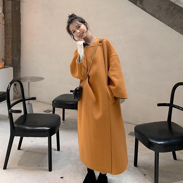 

women's wool & blends woolen coat winter style stand-up collar korean loose over the knee versatile mid-length thick fashion cloak ssdd, Black