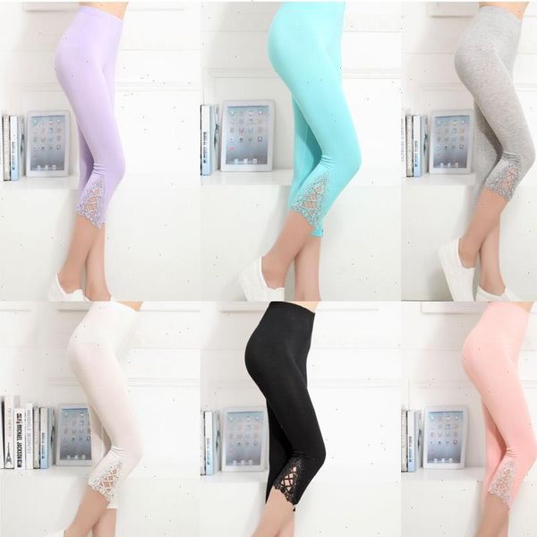 

casual solid high waist womens pants crop leggings women 3 4 length short capri cropped lace summer modal trousers, Black;white