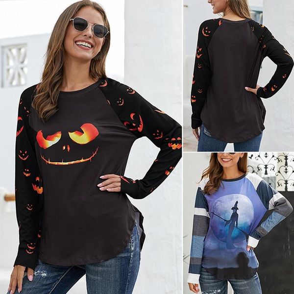 

women's t-shirt women halloween print stripe patchwork casual shirt tees long sleeve o-neck, White