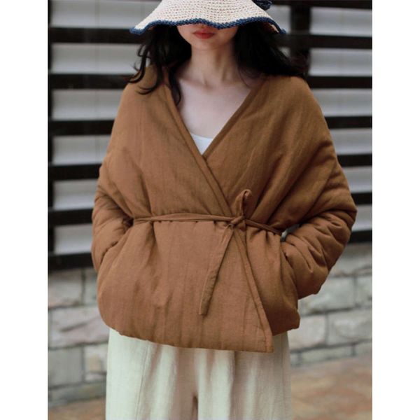 

winter women's cotton linen literature and art loose diagonal lace up warm coat 190718, Black