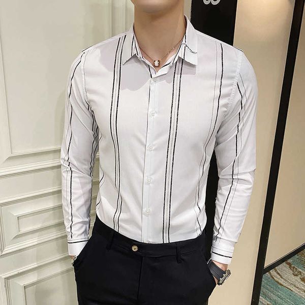 

men's striped shirts business casual slim fit long sleeve shirts men dress streetwear social men clothes plus size 4xl 210527, White;black
