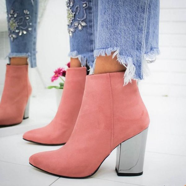 

boots women shoes ankle pumps flock toe solid autumn spring 2021 high-heeled botas mujer dropship, Black