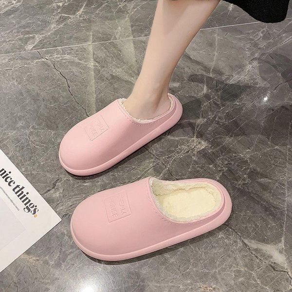 

women at home in the winter slippers pure color warm fluffy indoor shoes non-skid bedroom couple man and wife, Black
