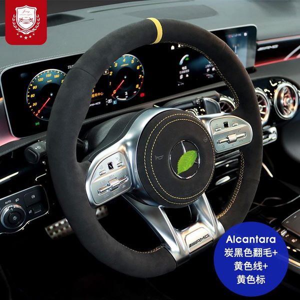 

hand sewing black suede steering wheel cover for mercedes-benz glc 260e 300l cla 220 gle 450 auto alcantara flip fleece cover
